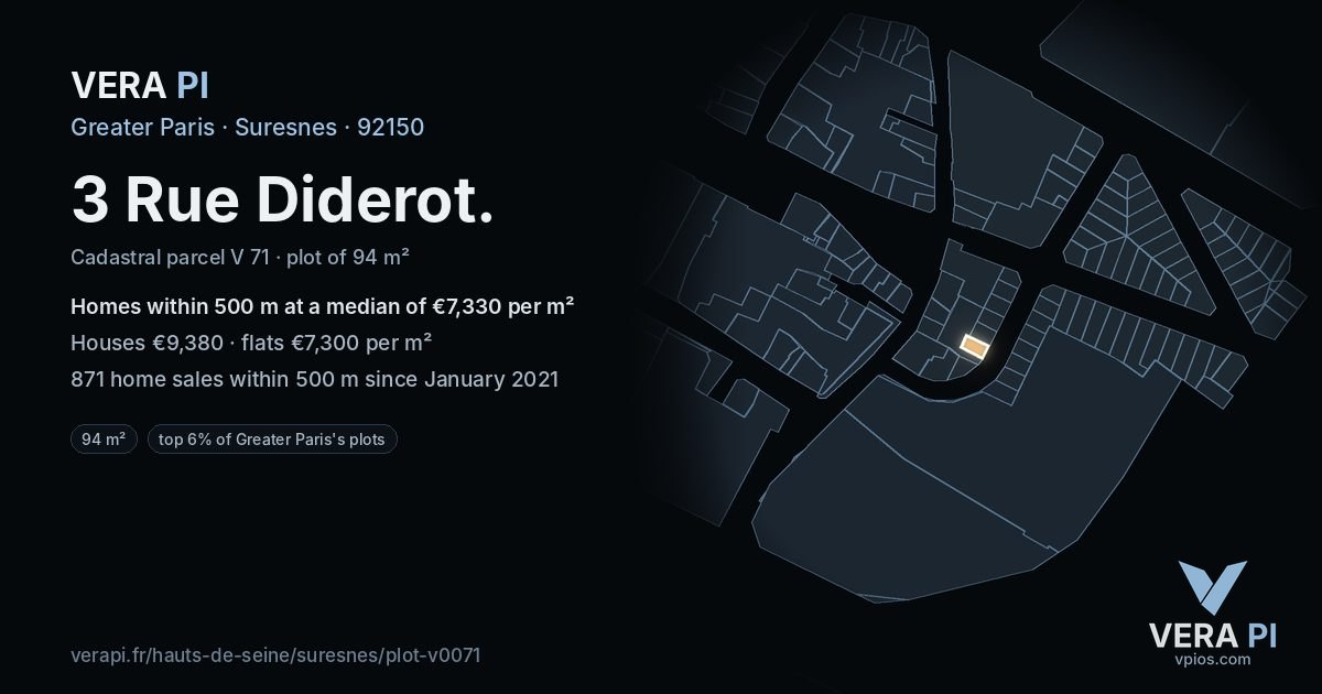 3 Rue Diderot, Suresnes at night – the plot lit, the parcels around coloured by the prices near them