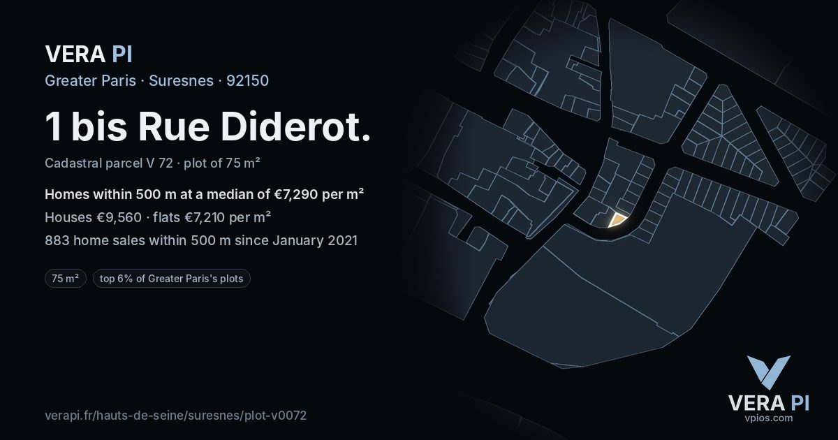 1 bis Rue Diderot, Suresnes at night – the plot lit, the parcels around coloured by the prices near them
