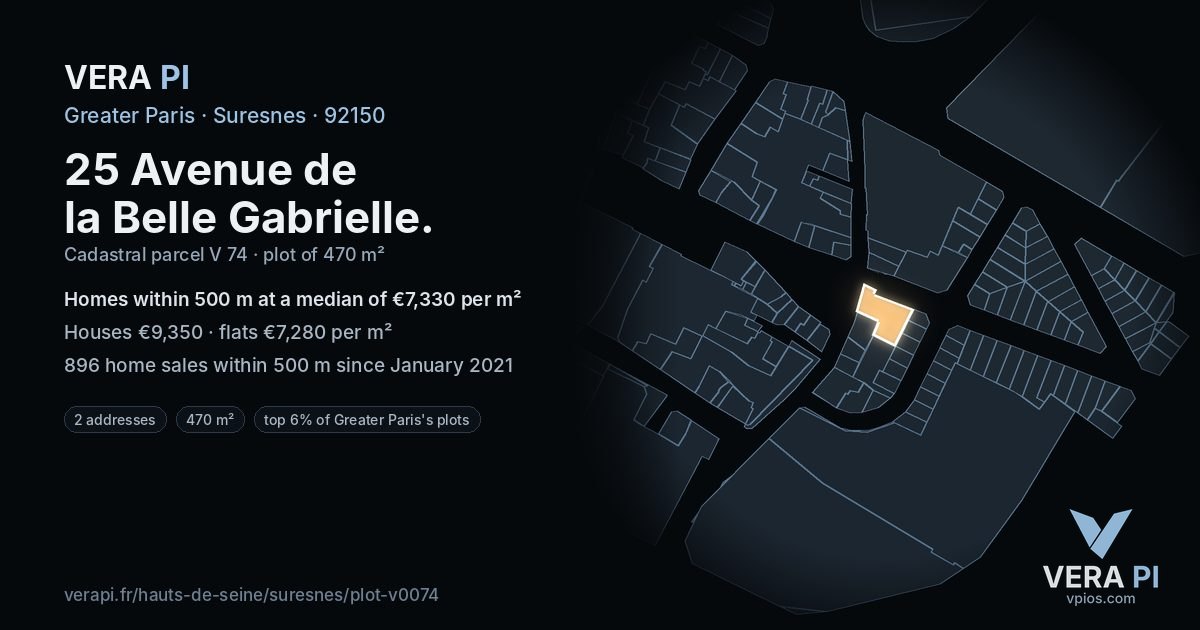 25 Avenue de la Belle Gabrielle, Suresnes at night – the plot lit, the parcels around coloured by the prices near them