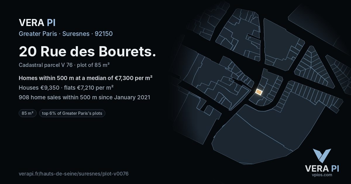 20 Rue des Bourets, Suresnes at night – the plot lit, the parcels around coloured by the prices near them