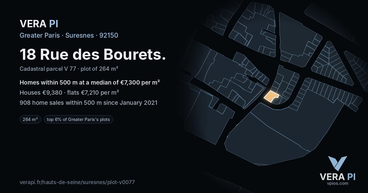 18 Rue des Bourets, Suresnes at night – the plot lit, the parcels around coloured by the prices near them