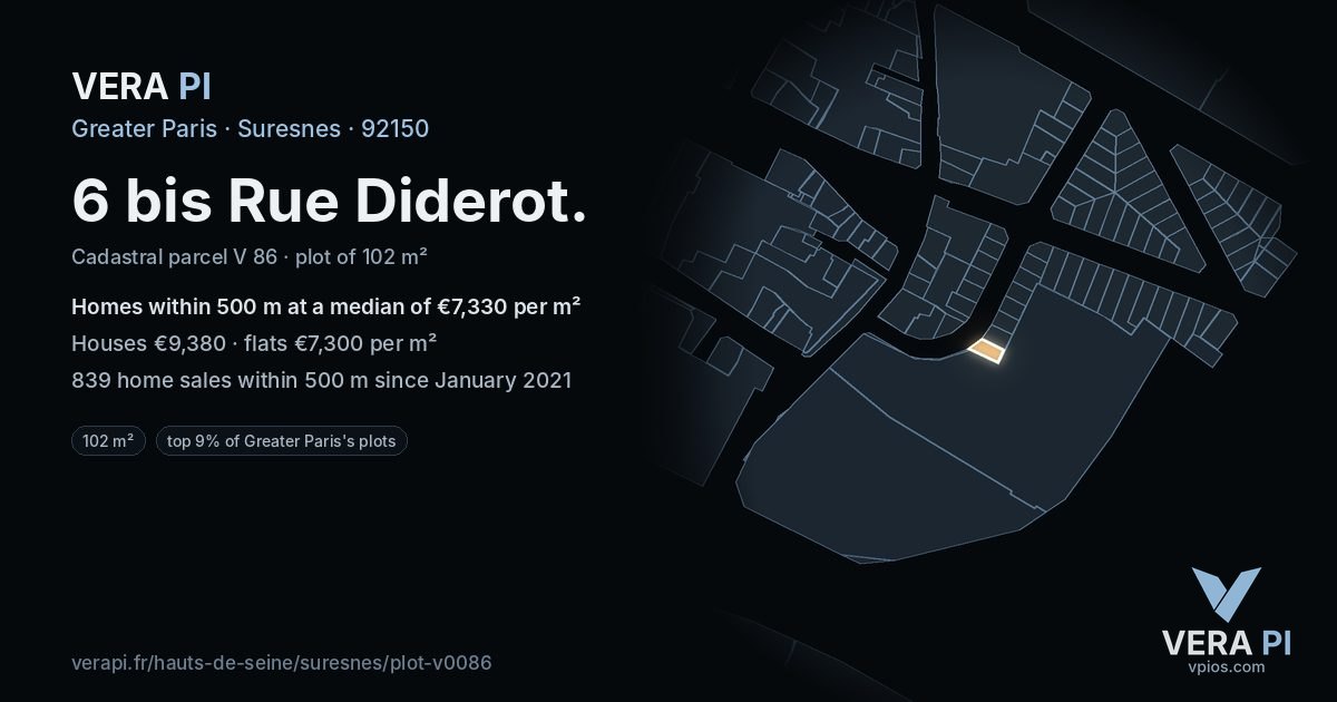 6 bis Rue Diderot, Suresnes at night – the plot lit, the parcels around coloured by the prices near them