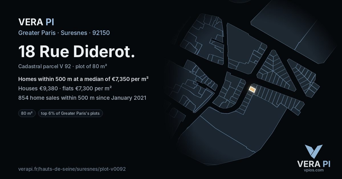18 Rue Diderot, Suresnes at night – the plot lit, the parcels around coloured by the prices near them