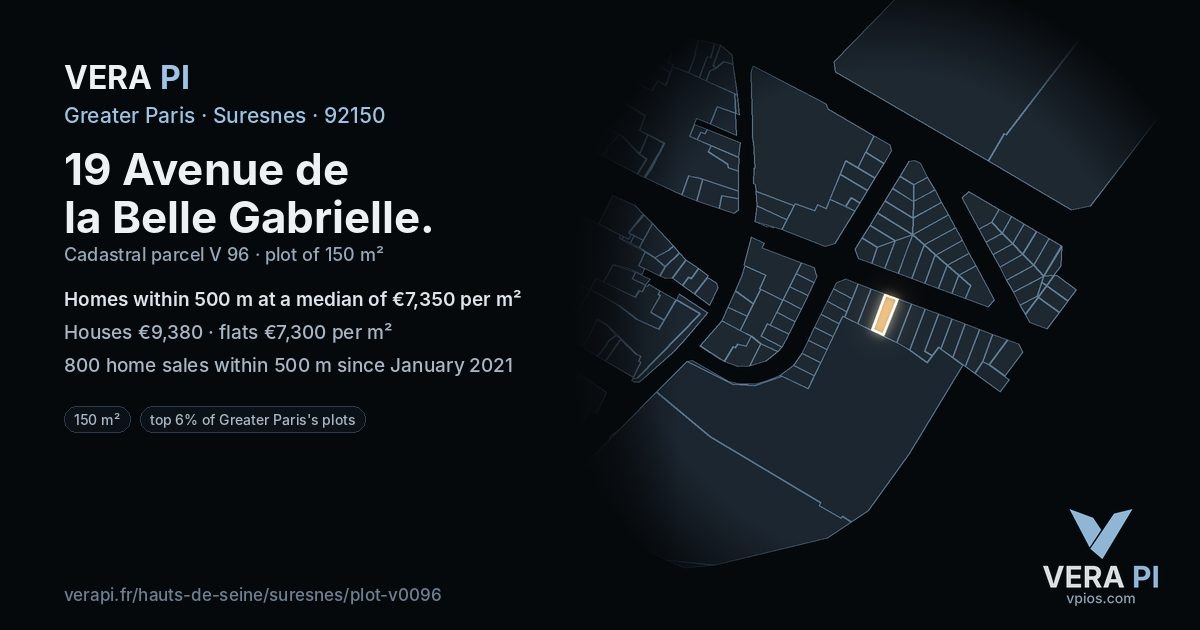 19 Avenue de la Belle Gabrielle, Suresnes at night – the plot lit, the parcels around coloured by the prices near them