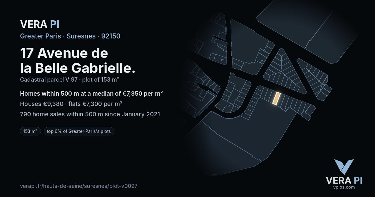 17 Avenue de la Belle Gabrielle, Suresnes at night – the plot lit, the parcels around coloured by the prices near them