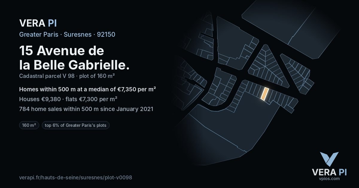 15 Avenue de la Belle Gabrielle, Suresnes at night – the plot lit, the parcels around coloured by the prices near them