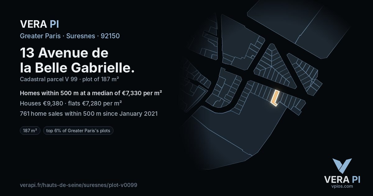 13 Avenue de la Belle Gabrielle, Suresnes at night – the plot lit, the parcels around coloured by the prices near them