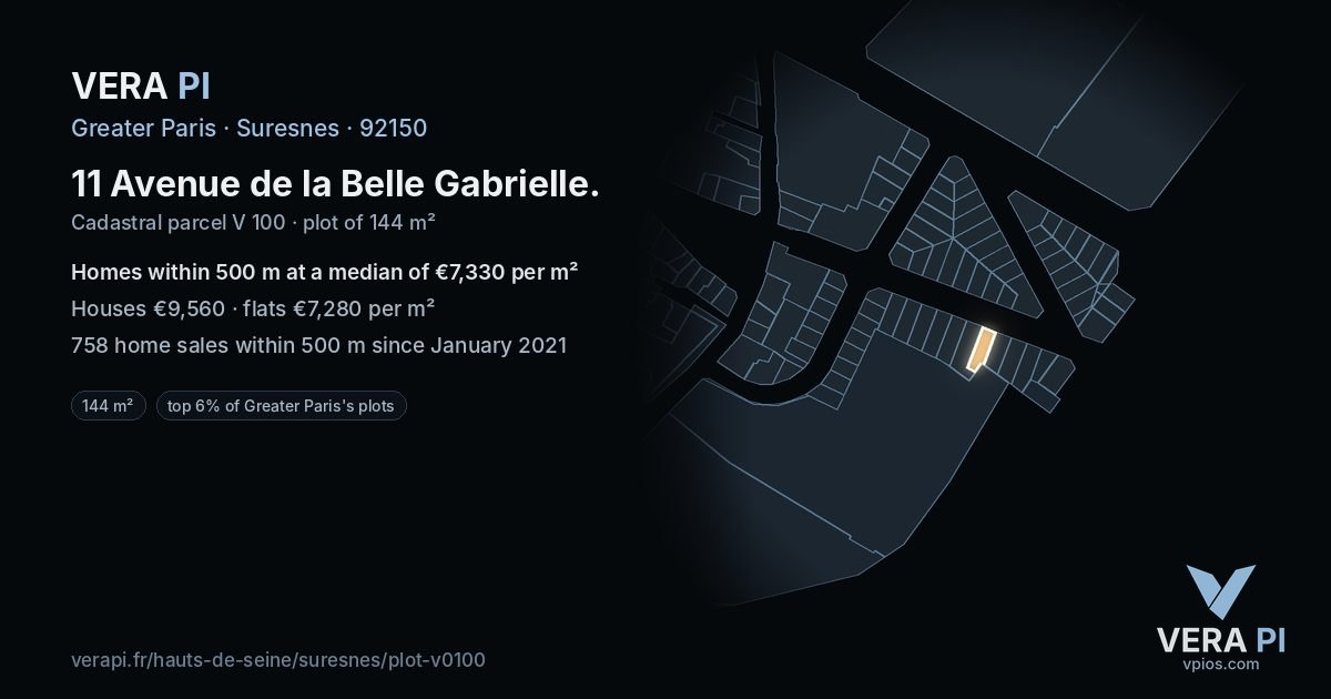 11 Avenue de la Belle Gabrielle, Suresnes at night – the plot lit, the parcels around coloured by the prices near them