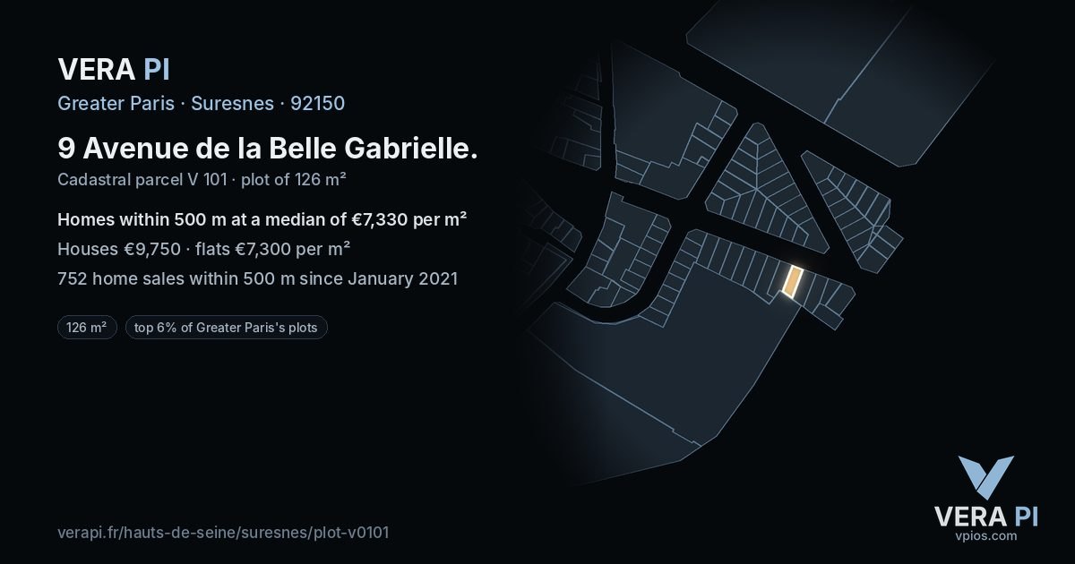 9 Avenue de la Belle Gabrielle, Suresnes at night – the plot lit, the parcels around coloured by the prices near them