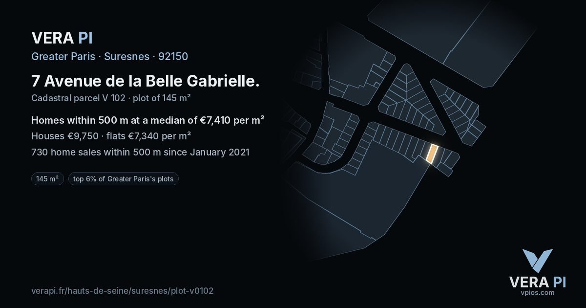 7 Avenue de la Belle Gabrielle, Suresnes at night – the plot lit, the parcels around coloured by the prices near them