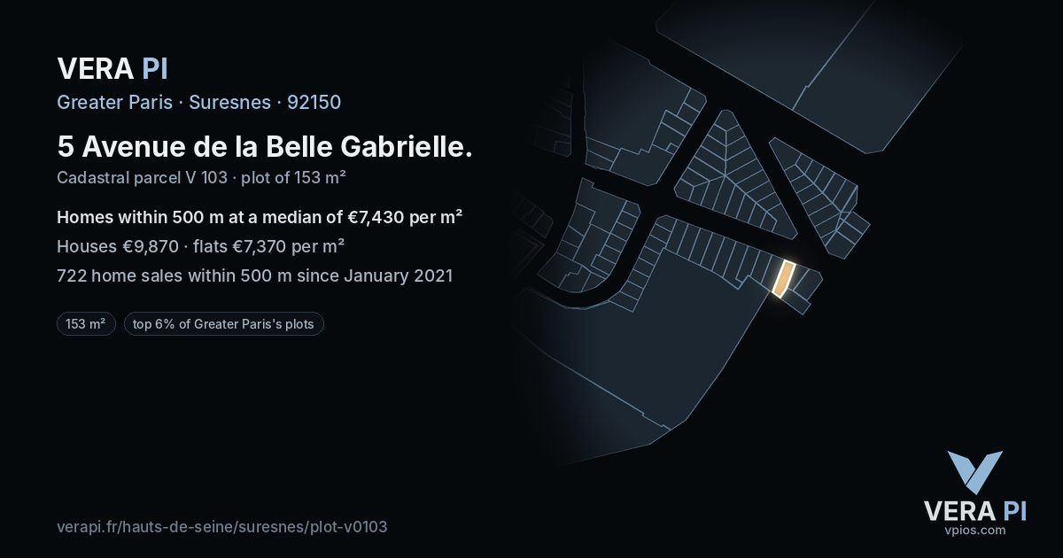 5 Avenue de la Belle Gabrielle, Suresnes at night – the plot lit, the parcels around coloured by the prices near them