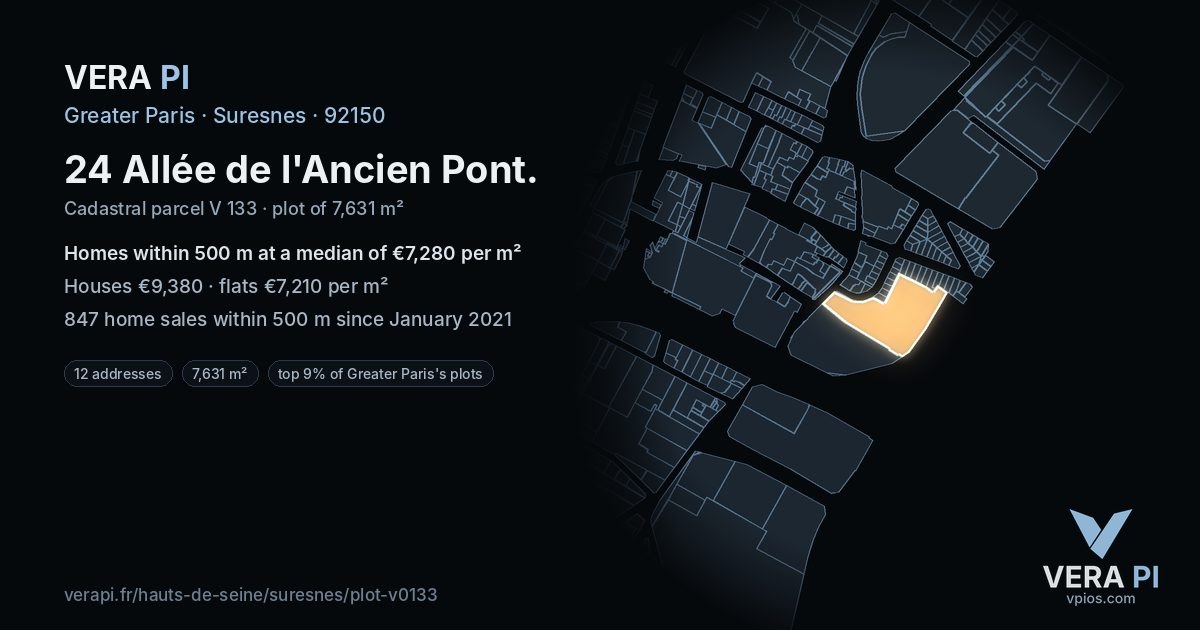 24 Allée de l'Ancien Pont, Suresnes at night – the plot lit, the parcels around coloured by the prices near them