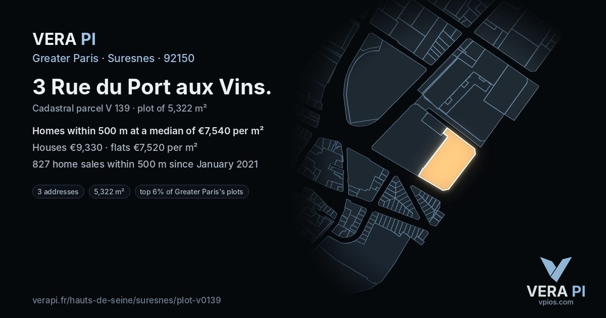 3 Rue du Port aux Vins, Suresnes at night – the plot lit, the parcels around coloured by the prices near them