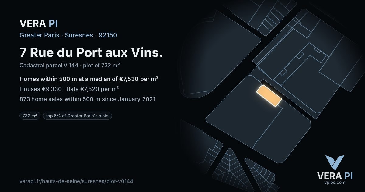 7 Rue du Port aux Vins, Suresnes at night – the plot lit, the parcels around coloured by the prices near them