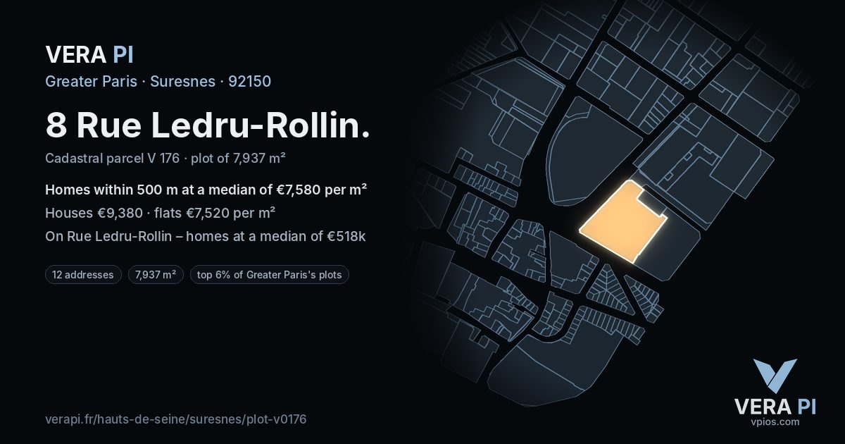 8 Rue Ledru-Rollin, Suresnes at night – the plot lit, the parcels around coloured by the prices near them