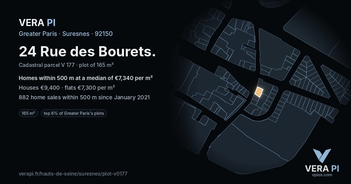 24 Rue des Bourets, Suresnes at night – the plot lit, the parcels around coloured by the prices near them