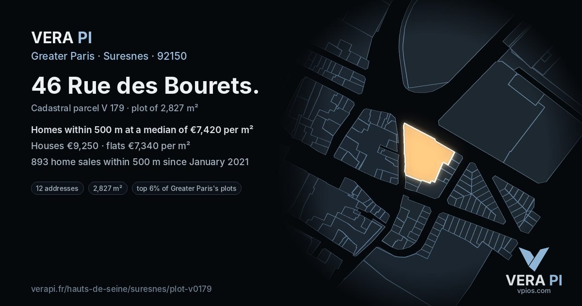 46 Rue des Bourets, Suresnes at night – the plot lit, the parcels around coloured by the prices near them