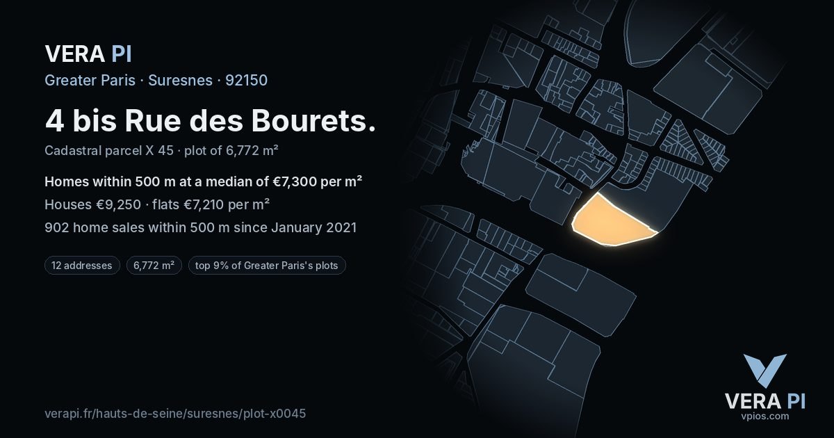 4 bis Rue des Bourets, Suresnes at night – the plot lit, the parcels around coloured by the prices near them