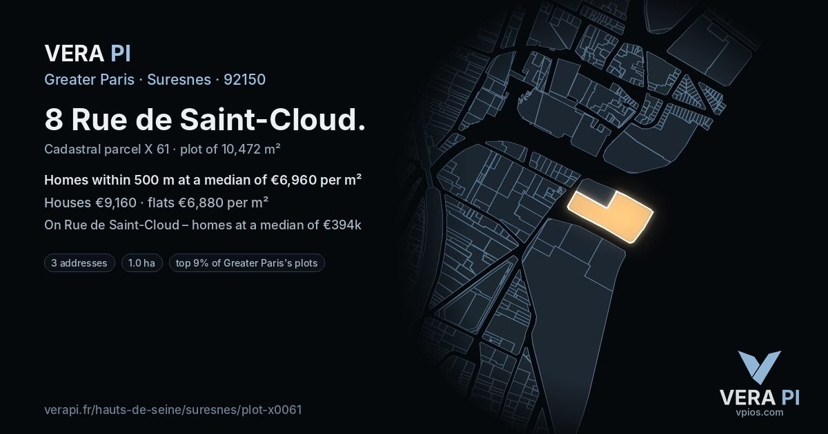 8 Rue de Saint-Cloud, Suresnes at night – the plot lit, the parcels around coloured by the prices near them