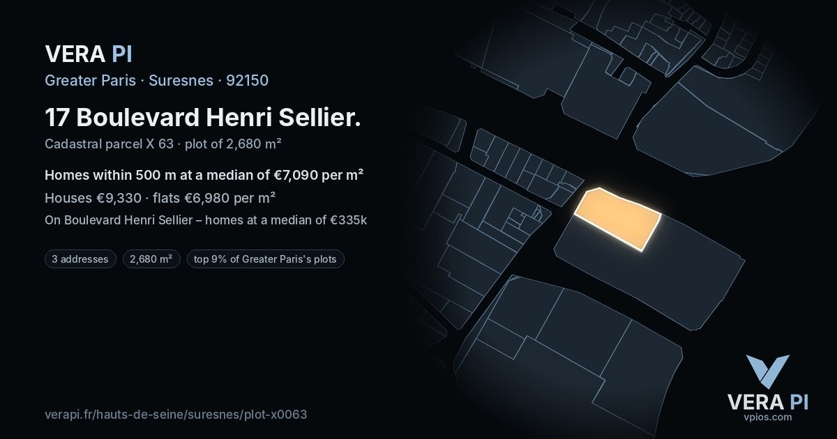 17 Boulevard Henri Sellier, Suresnes at night – the plot lit, the parcels around coloured by the prices near them