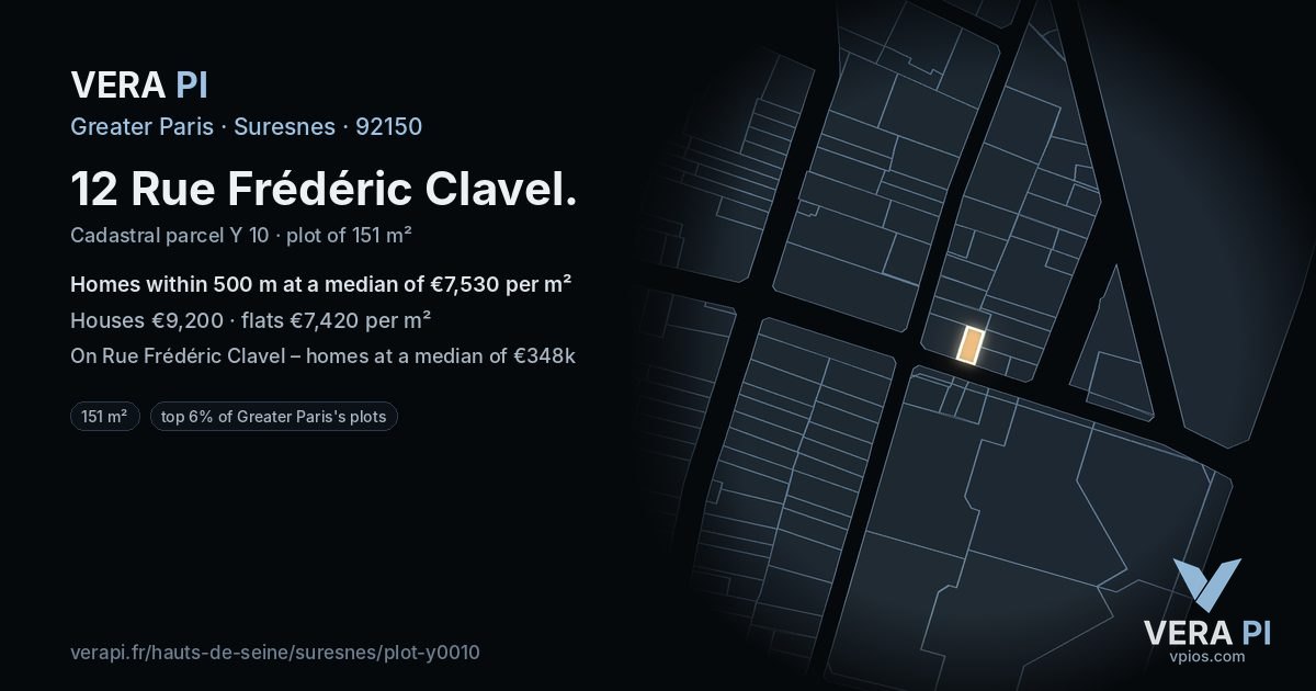 12 Rue Frédéric Clavel, Suresnes at night – the plot lit, the parcels around coloured by the prices near them