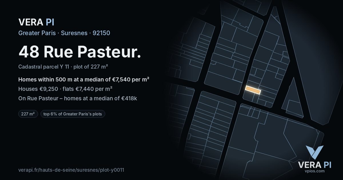 48 Rue Pasteur, Suresnes at night – the plot lit, the parcels around coloured by the prices near them