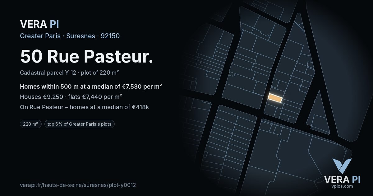 50 Rue Pasteur, Suresnes at night – the plot lit, the parcels around coloured by the prices near them