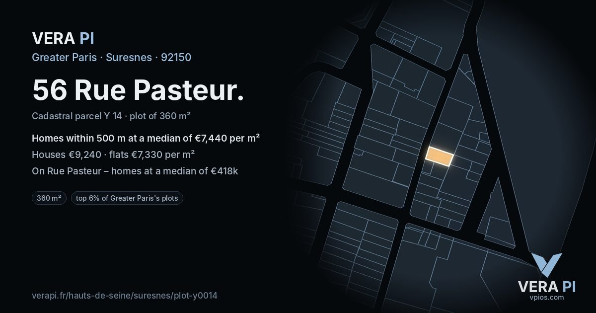 56 Rue Pasteur, Suresnes at night – the plot lit, the parcels around coloured by the prices near them