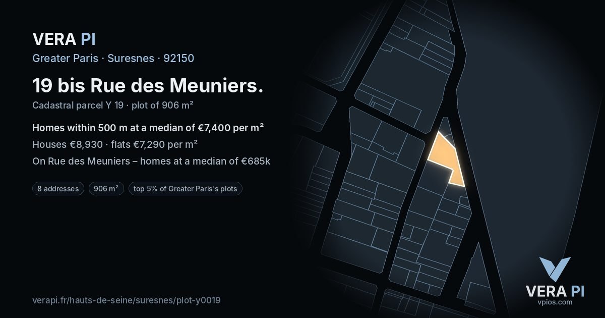 19 bis Rue des Meuniers, Suresnes at night – the plot lit, the parcels around coloured by the prices near them
