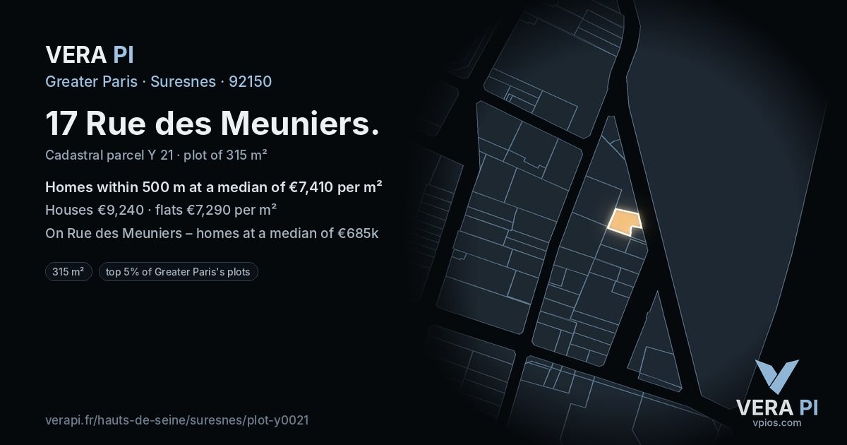 17 Rue des Meuniers, Suresnes at night – the plot lit, the parcels around coloured by the prices near them