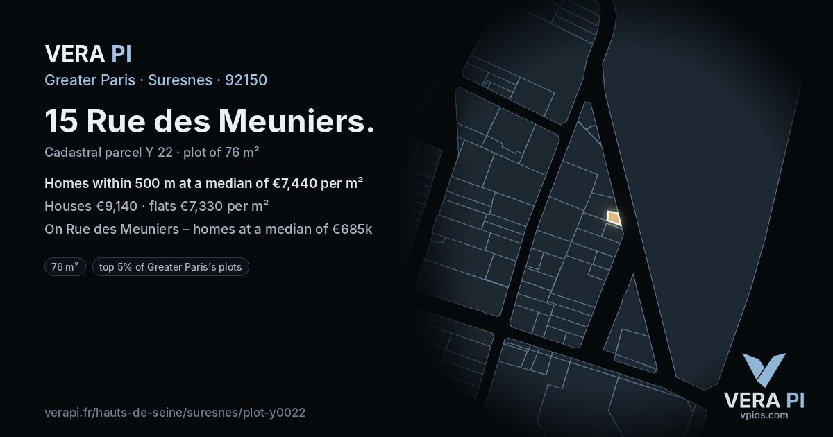 15 Rue des Meuniers, Suresnes at night – the plot lit, the parcels around coloured by the prices near them