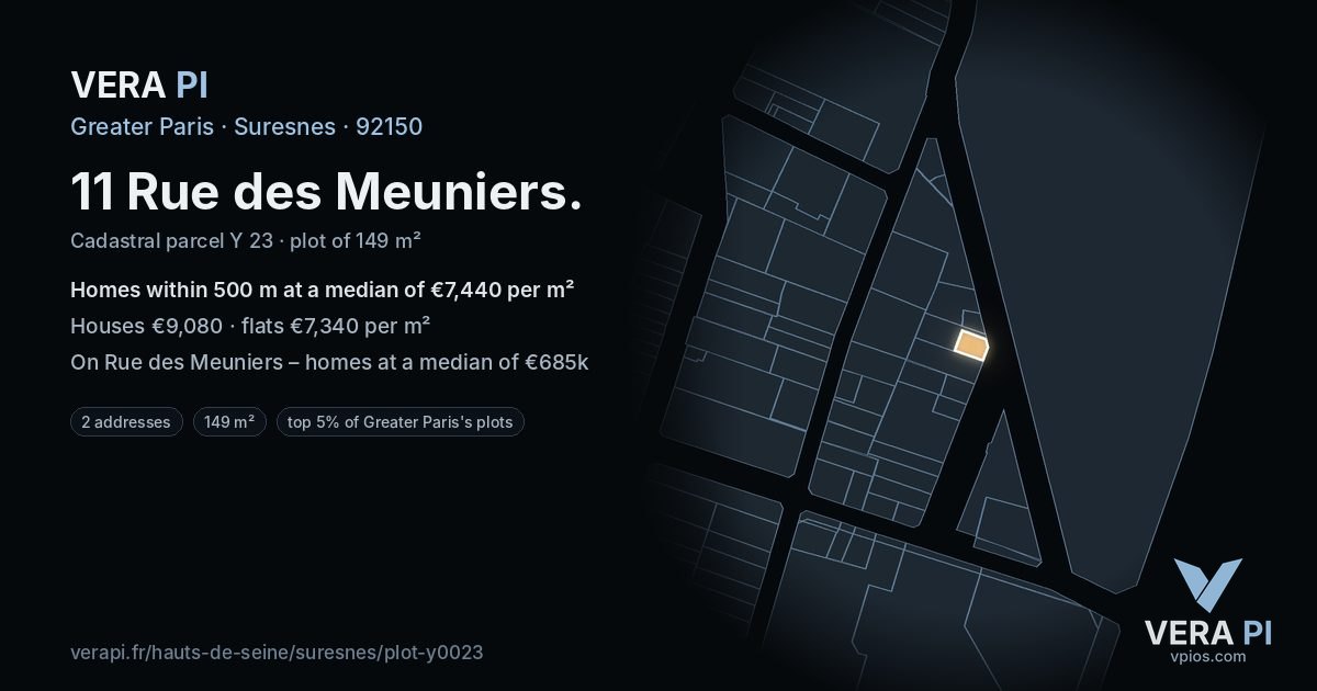 11 Rue des Meuniers, Suresnes at night – the plot lit, the parcels around coloured by the prices near them