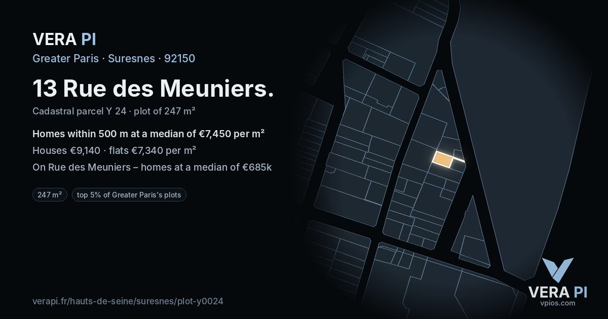 13 Rue des Meuniers, Suresnes at night – the plot lit, the parcels around coloured by the prices near them