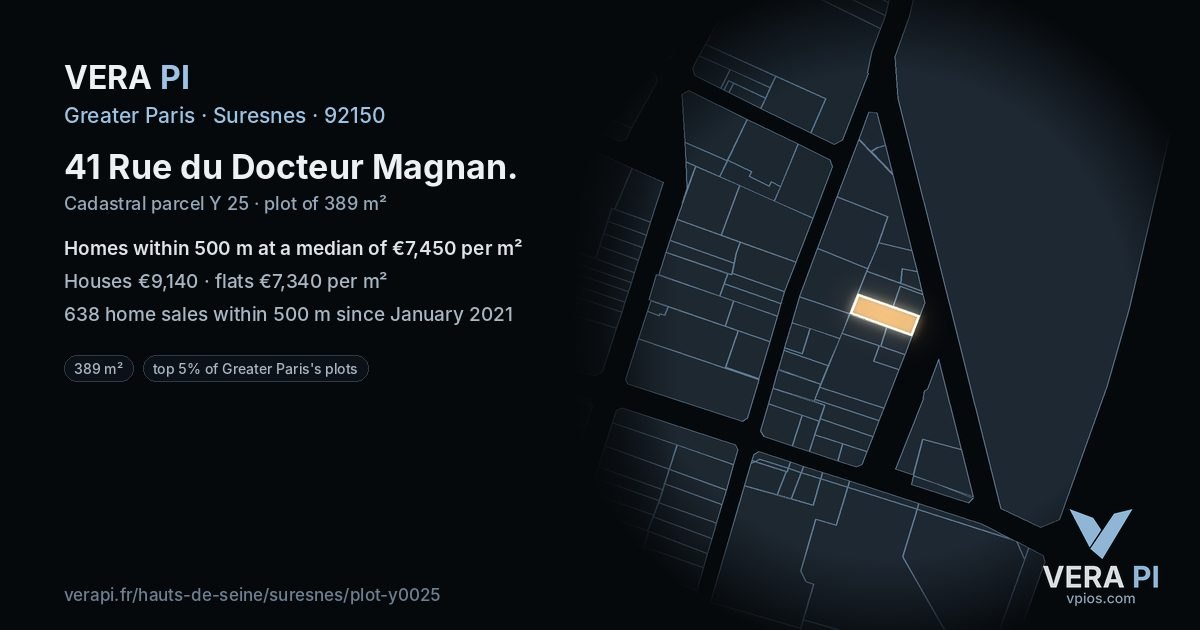 41 Rue du Docteur Magnan, Suresnes at night – the plot lit, the parcels around coloured by the prices near them