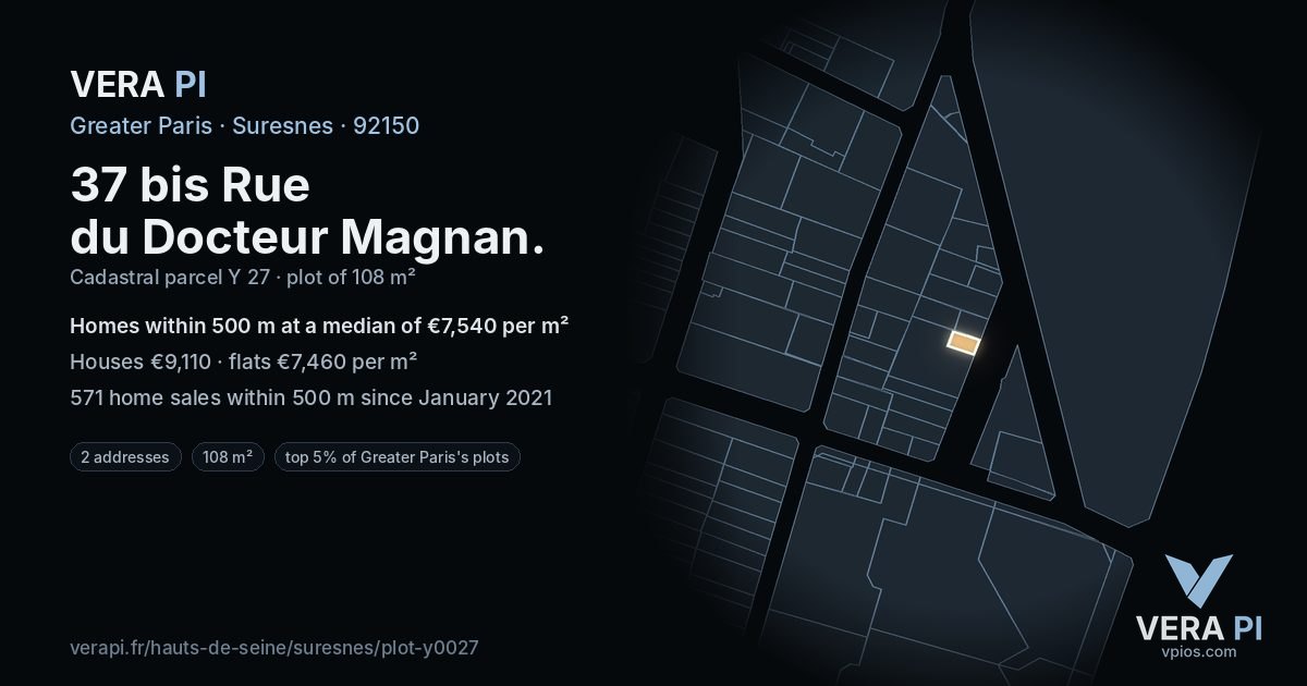 37 bis Rue du Docteur Magnan, Suresnes at night – the plot lit, the parcels around coloured by the prices near them