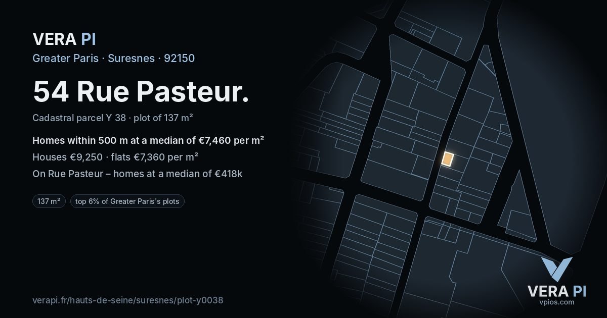 54 Rue Pasteur, Suresnes at night – the plot lit, the parcels around coloured by the prices near them