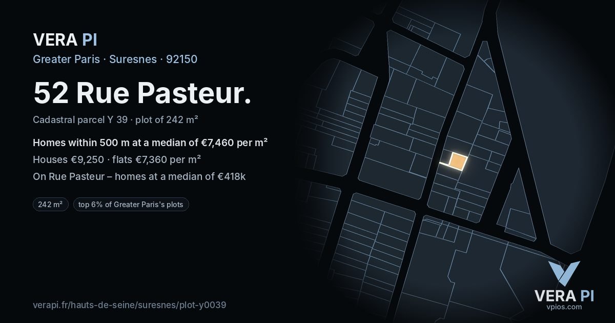 52 Rue Pasteur, Suresnes at night – the plot lit, the parcels around coloured by the prices near them