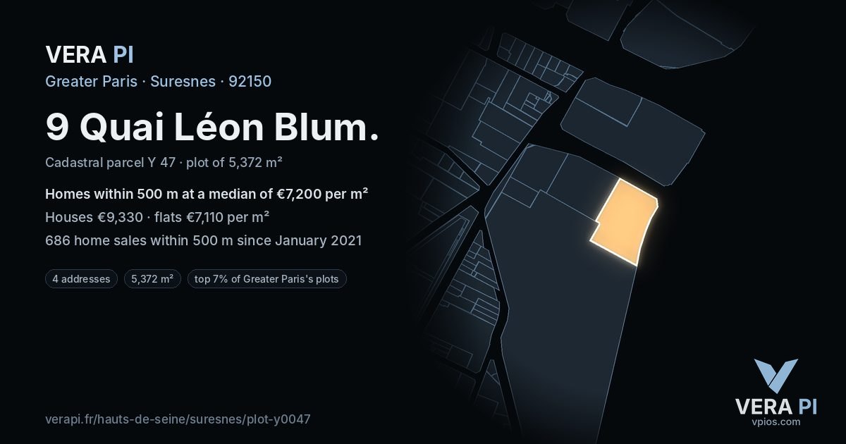 9 Quai Léon Blum, Suresnes at night – the plot lit, the parcels around coloured by the prices near them