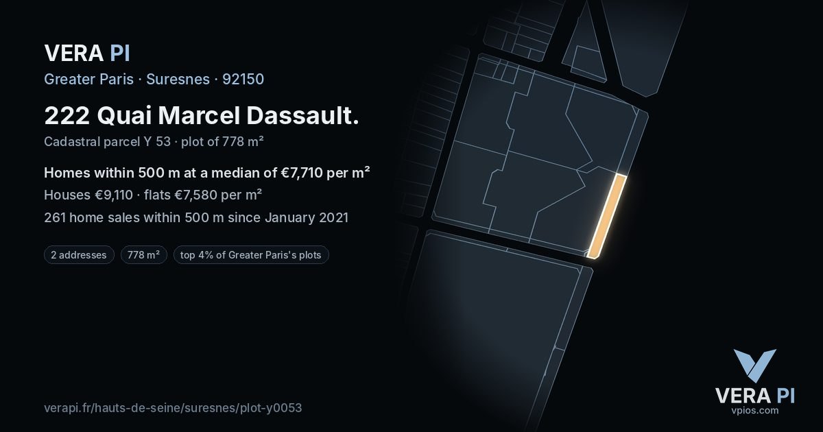 222 Quai Marcel Dassault, Suresnes at night – the plot lit, the parcels around coloured by the prices near them