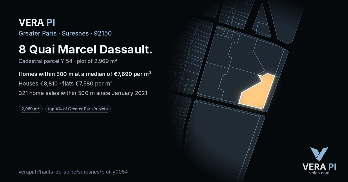 8 Quai Marcel Dassault, Suresnes at night – the plot lit, the parcels around coloured by the prices near them
