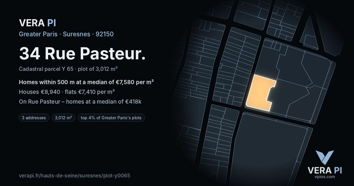 34 Rue Pasteur, Suresnes at night – the plot lit, the parcels around coloured by the prices near them
