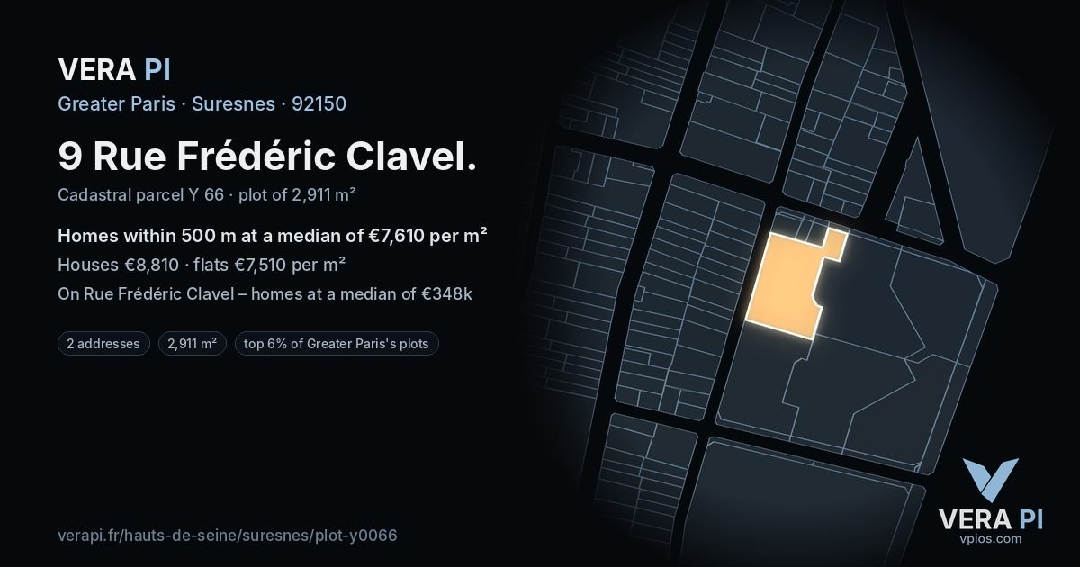 9 Rue Frédéric Clavel, Suresnes at night – the plot lit, the parcels around coloured by the prices near them
