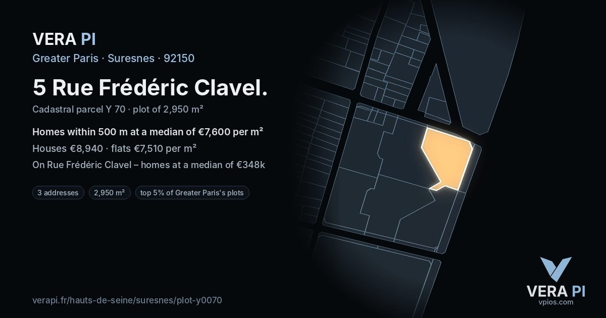 5 Rue Frédéric Clavel, Suresnes at night – the plot lit, the parcels around coloured by the prices near them