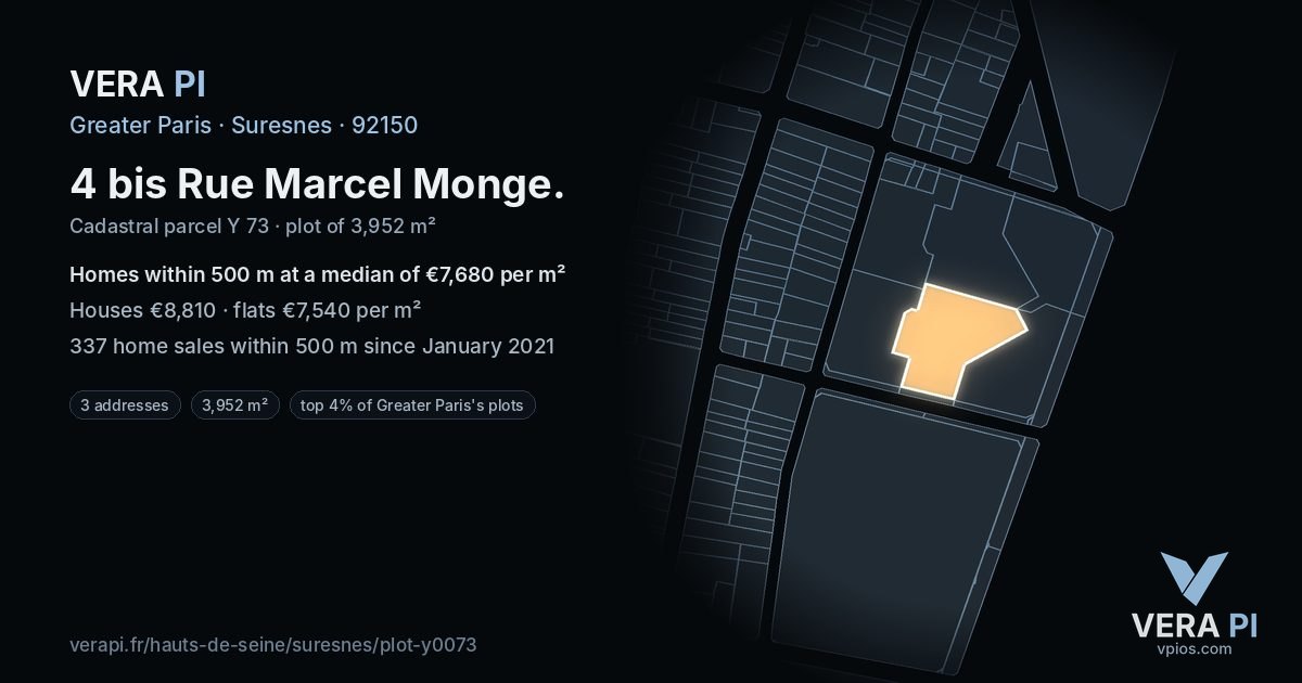 4 bis Rue Marcel Monge, Suresnes at night – the plot lit, the parcels around coloured by the prices near them