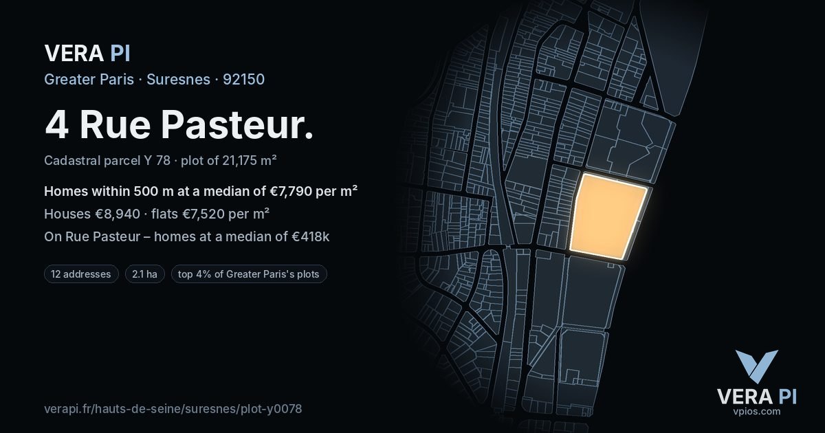 4 Rue Pasteur, Suresnes at night – the plot lit, the parcels around coloured by the prices near them