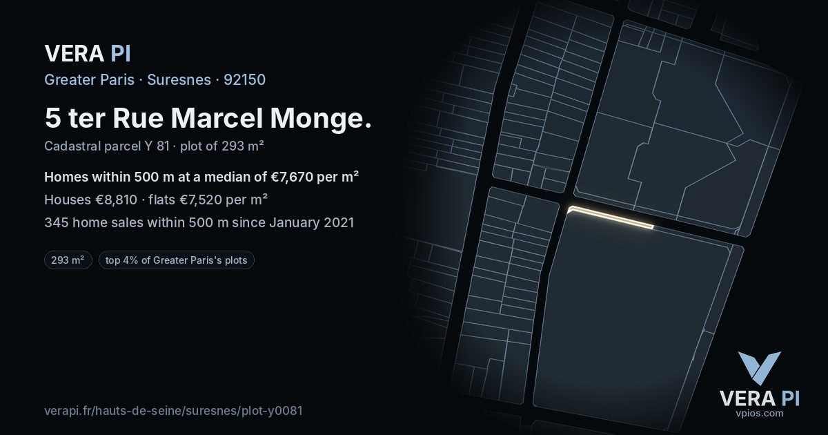 5 ter Rue Marcel Monge, Suresnes at night – the plot lit, the parcels around coloured by the prices near them