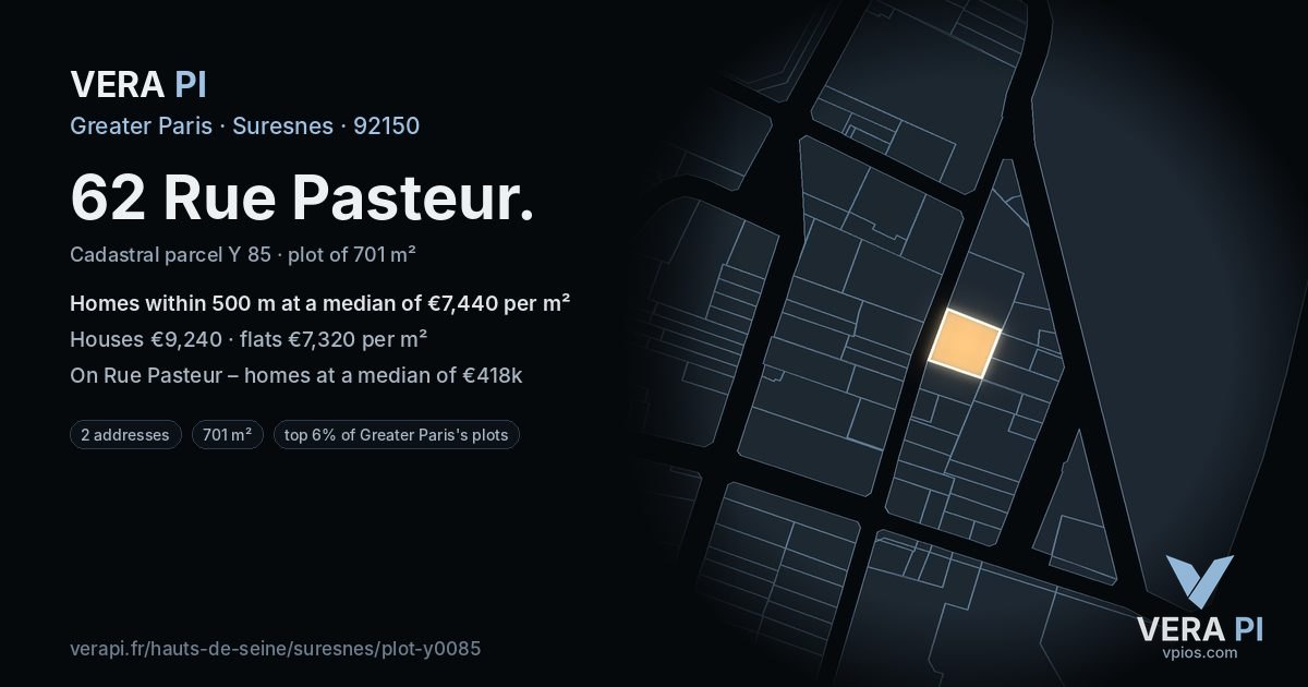62 Rue Pasteur, Suresnes at night – the plot lit, the parcels around coloured by the prices near them