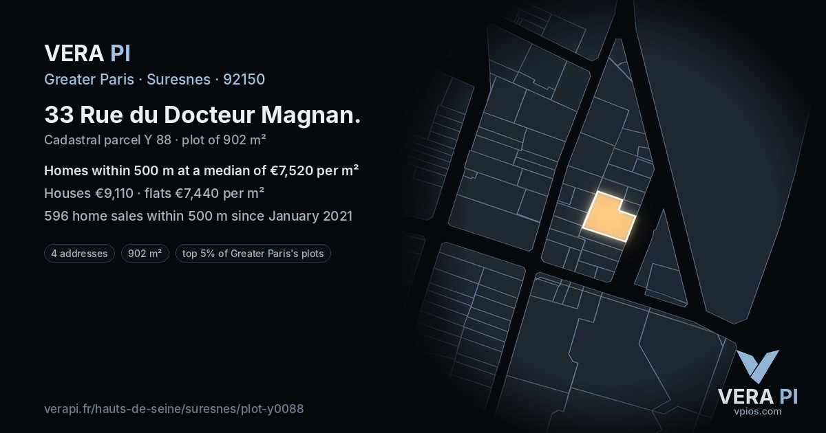 33 Rue du Docteur Magnan, Suresnes at night – the plot lit, the parcels around coloured by the prices near them