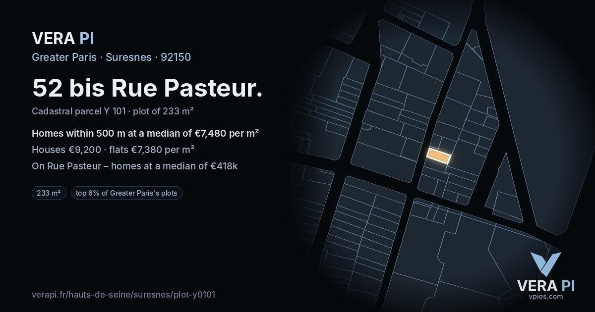 52 bis Rue Pasteur, Suresnes at night – the plot lit, the parcels around coloured by the prices near them