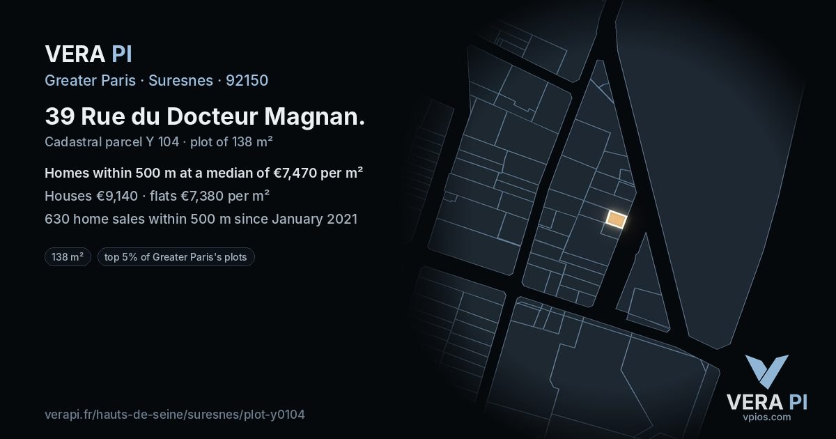 39 Rue du Docteur Magnan, Suresnes at night – the plot lit, the parcels around coloured by the prices near them